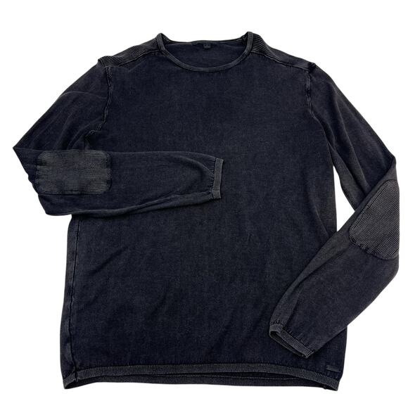 John Varvatos Mens Black Acid Wash Burnout Elbow Patch Cotton Sweater Sz L - Picture 1 of 10